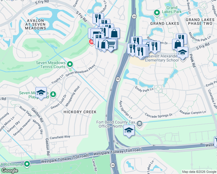 map of restaurants, bars, coffee shops, grocery stores, and more near 23211 Dewflower Drive in Katy