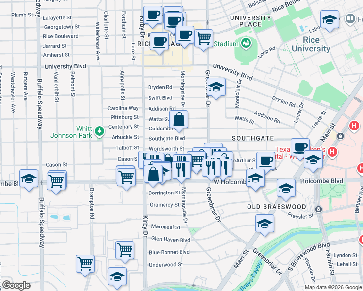 map of restaurants, bars, coffee shops, grocery stores, and more near 2404 Wordsworth Street in Houston