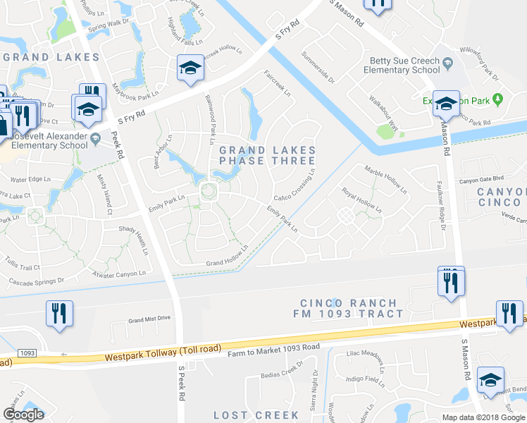 map of restaurants, bars, coffee shops, grocery stores, and more near 6107 Barkermist Lane in Katy