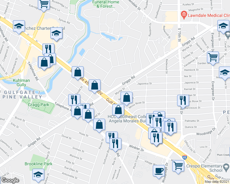 map of restaurants, bars, coffee shops, grocery stores, and more near 6427 Myrtle Street in Houston