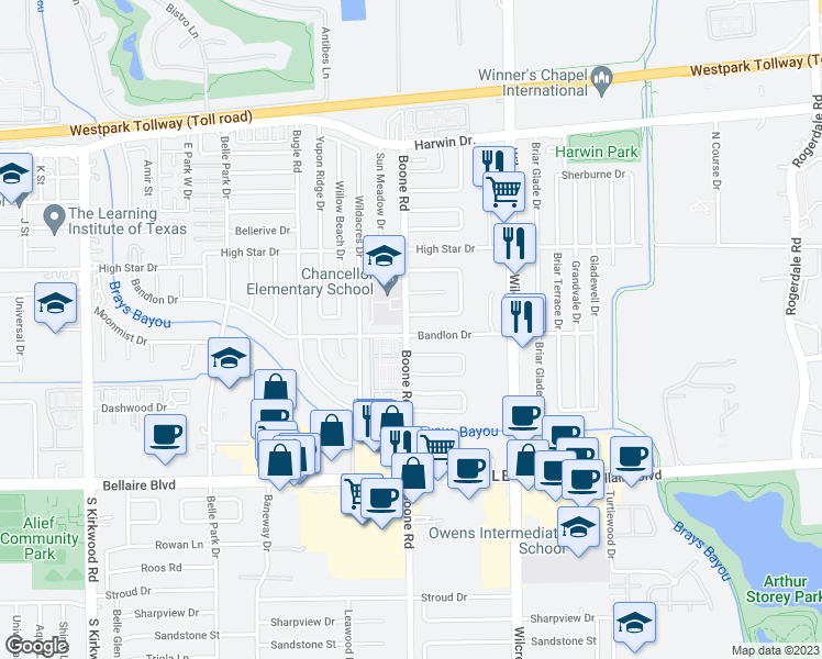 map of restaurants, bars, coffee shops, grocery stores, and more near 11126 Bandlon Drive in Houston