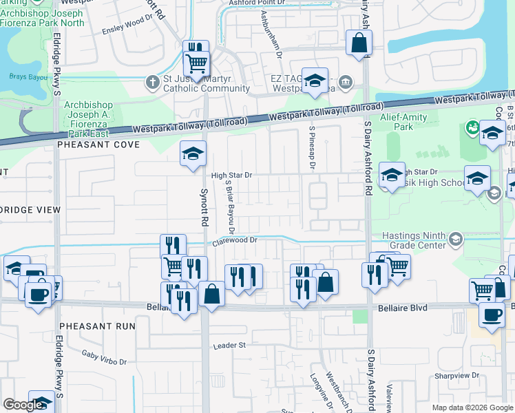 map of restaurants, bars, coffee shops, grocery stores, and more near 6435 South Briar Bayou Drive in Houston