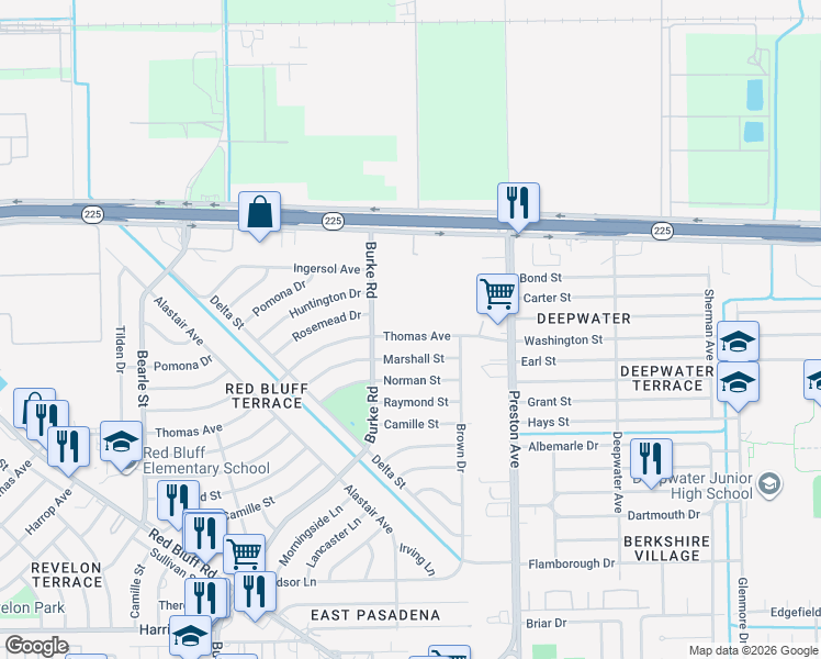 map of restaurants, bars, coffee shops, grocery stores, and more near 2803 Thomas Avenue in Pasadena