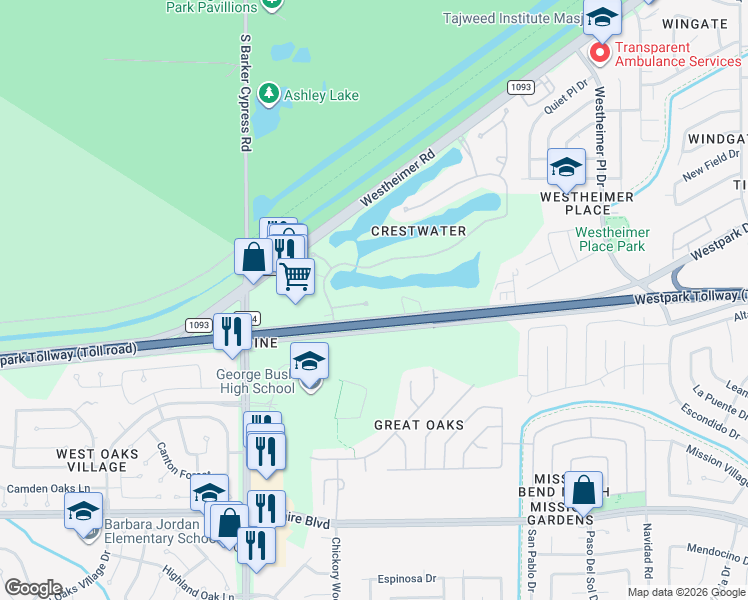 map of restaurants, bars, coffee shops, grocery stores, and more near 4 Crest Gate in Houston