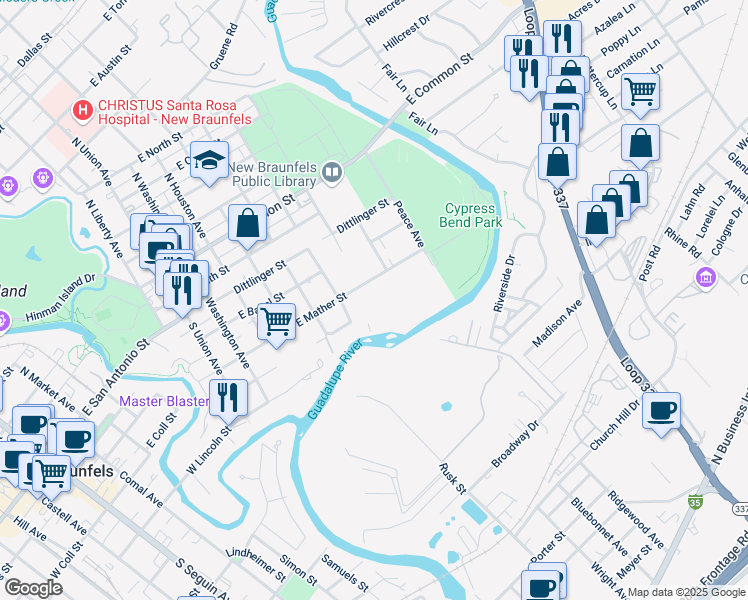 map of restaurants, bars, coffee shops, grocery stores, and more near 730 East Mather Street in New Braunfels
