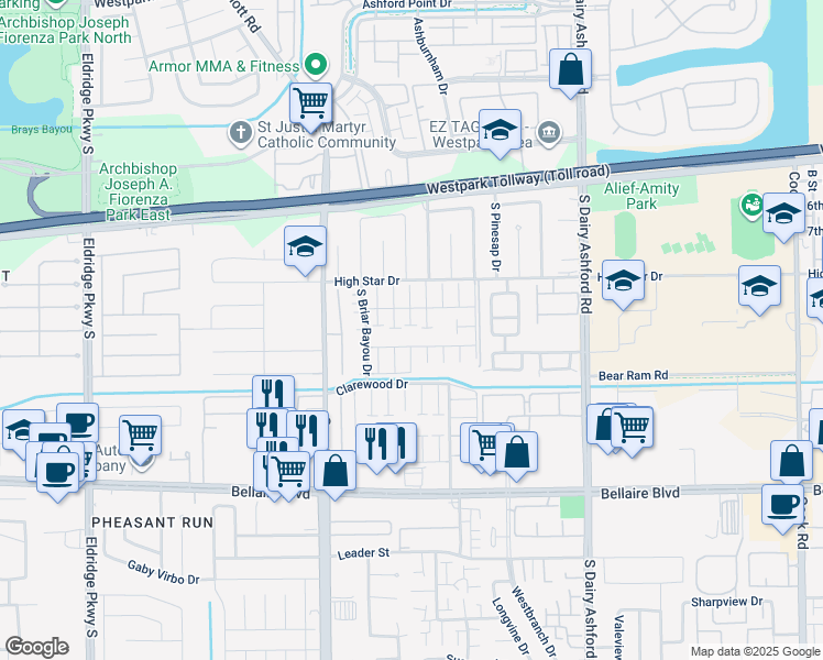 map of restaurants, bars, coffee shops, grocery stores, and more near 6439 South Briar Bayou Drive in Houston