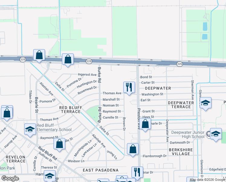 map of restaurants, bars, coffee shops, grocery stores, and more near 2803 Thomas Avenue in Pasadena