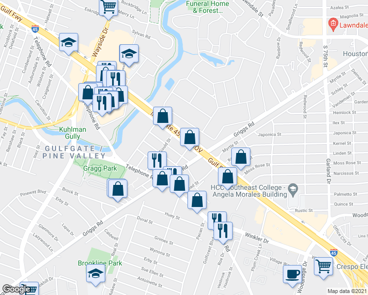 map of restaurants, bars, coffee shops, grocery stores, and more near 6432 Gulf Freeway in Houston