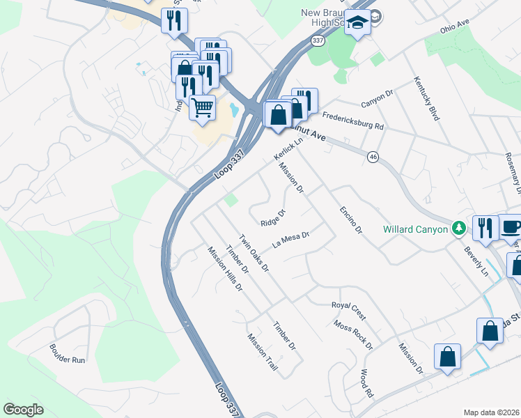 map of restaurants, bars, coffee shops, grocery stores, and more near 17 Ridge Drive in New Braunfels