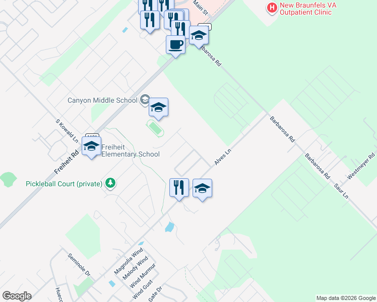 map of restaurants, bars, coffee shops, grocery stores, and more near 534 Creekside Forest in New Braunfels