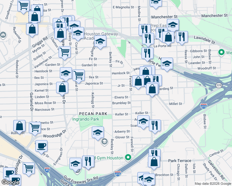 map of restaurants, bars, coffee shops, grocery stores, and more near 7714 Harding Street in Houston