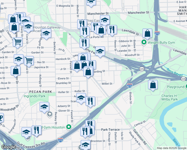 map of restaurants, bars, coffee shops, grocery stores, and more near 8111 Bangle Street in Houston