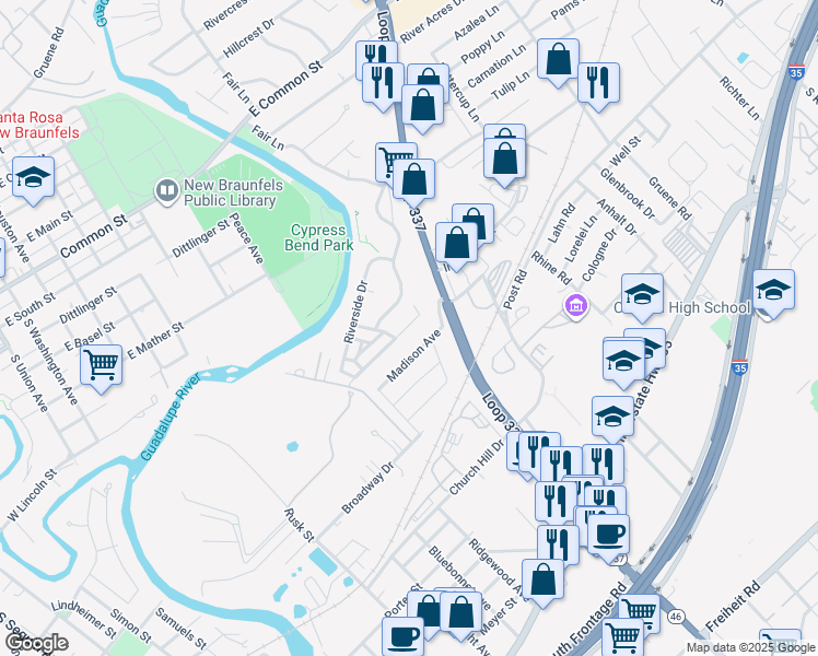 map of restaurants, bars, coffee shops, grocery stores, and more near 608 Frostwood Drive in New Braunfels