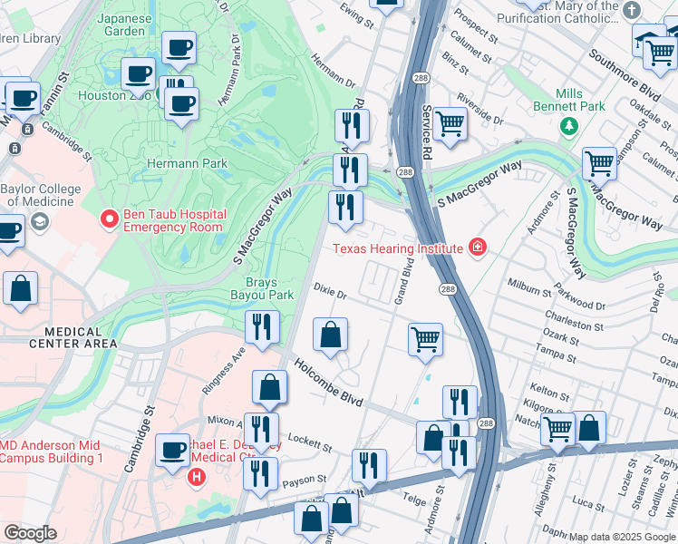 map of restaurants, bars, coffee shops, grocery stores, and more near 6301 Almeda Road in Houston