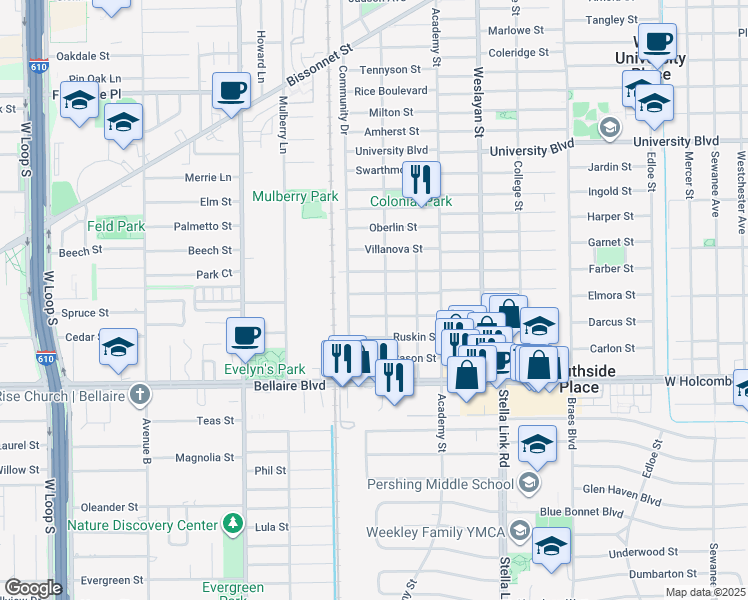 map of restaurants, bars, coffee shops, grocery stores, and more near 4147 Southwestern Street in Houston