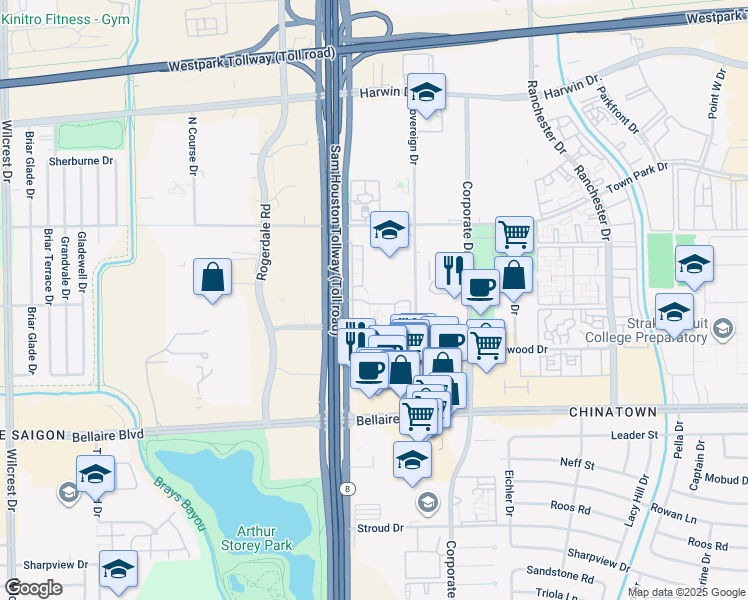 map of restaurants, bars, coffee shops, grocery stores, and more near 9888 United Drive in Houston