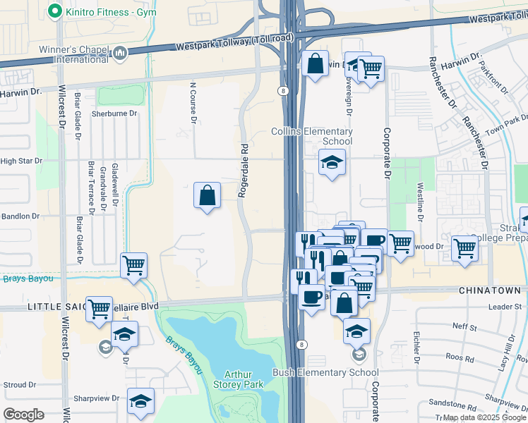map of restaurants, bars, coffee shops, grocery stores, and more near 6005 Rogerdale Rd in Houston