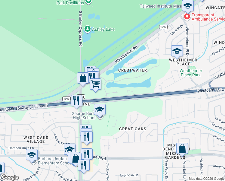 map of restaurants, bars, coffee shops, grocery stores, and more near 18 Crest Gate in Houston