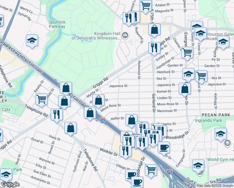 map of restaurants, bars, coffee shops, grocery stores, and more near 6660 Kernel Street in Houston
