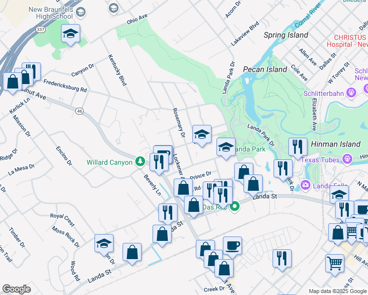 map of restaurants, bars, coffee shops, grocery stores, and more near 691 Rose Mary Drive in New Braunfels