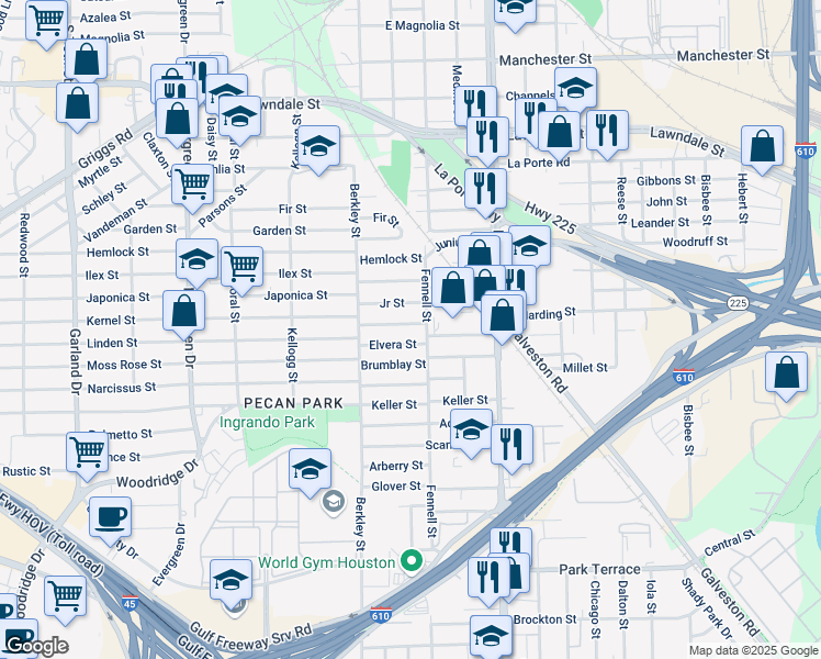 map of restaurants, bars, coffee shops, grocery stores, and more near 7826 Harding Street in Houston