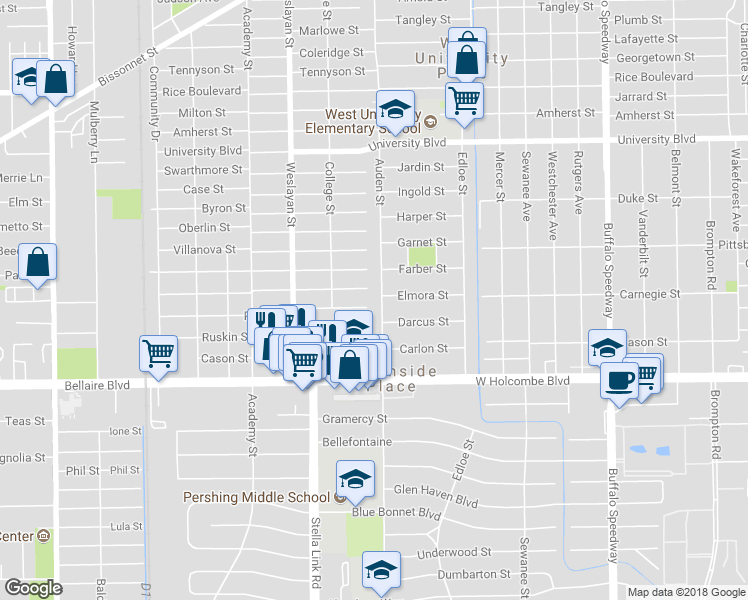 map of restaurants, bars, coffee shops, grocery stores, and more near 6554 Auden Street in Houston