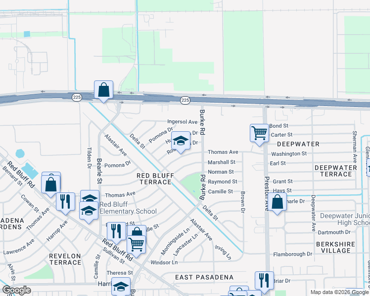 map of restaurants, bars, coffee shops, grocery stores, and more near 2601 Thomas Avenue in Pasadena