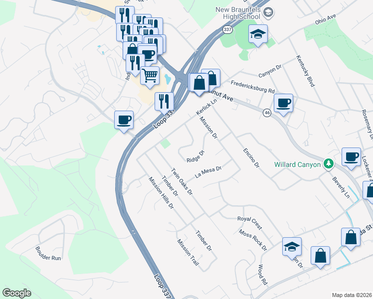 map of restaurants, bars, coffee shops, grocery stores, and more near 17 Ridge Drive in New Braunfels