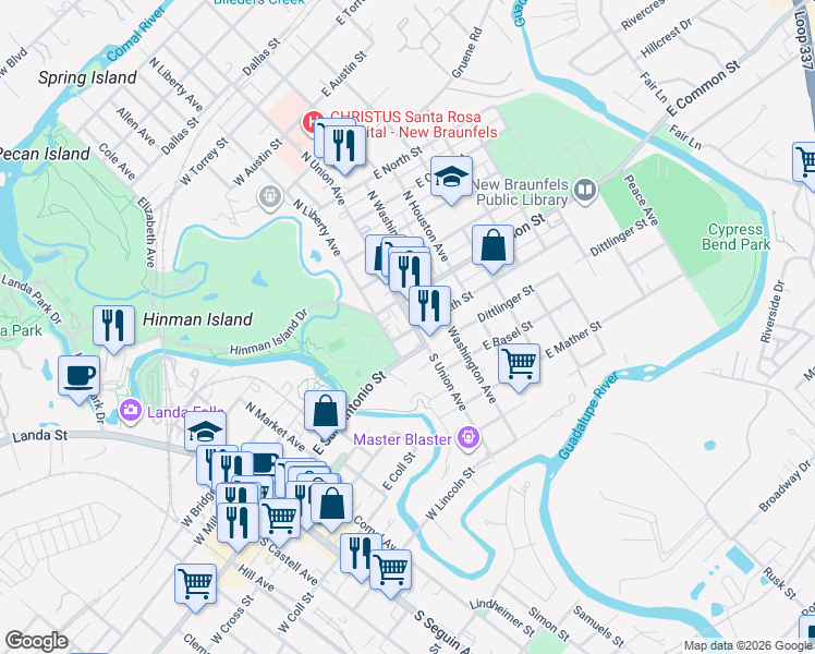 map of restaurants, bars, coffee shops, grocery stores, and more near 188 South Union Avenue in New Braunfels