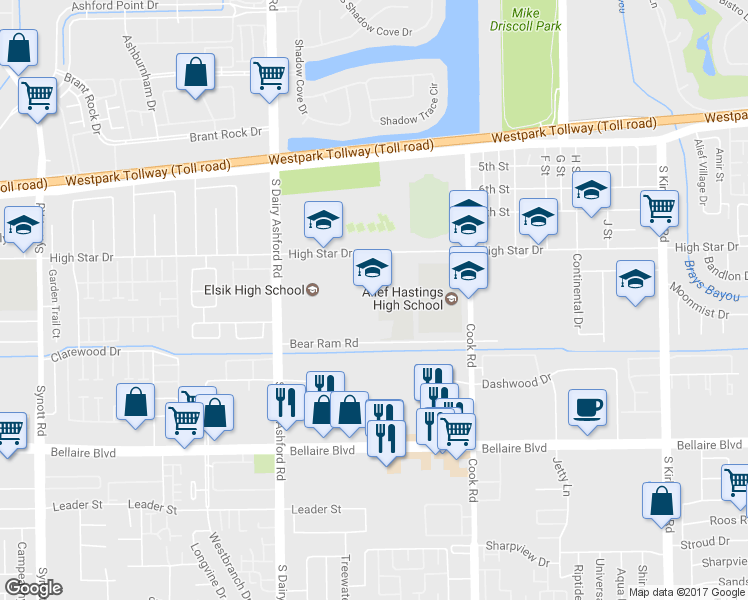 map of restaurants, bars, coffee shops, grocery stores, and more near 12302 High Star Drive in Houston