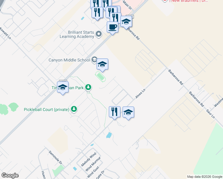 map of restaurants, bars, coffee shops, grocery stores, and more near 402 Creekside Curve in New Braunfels