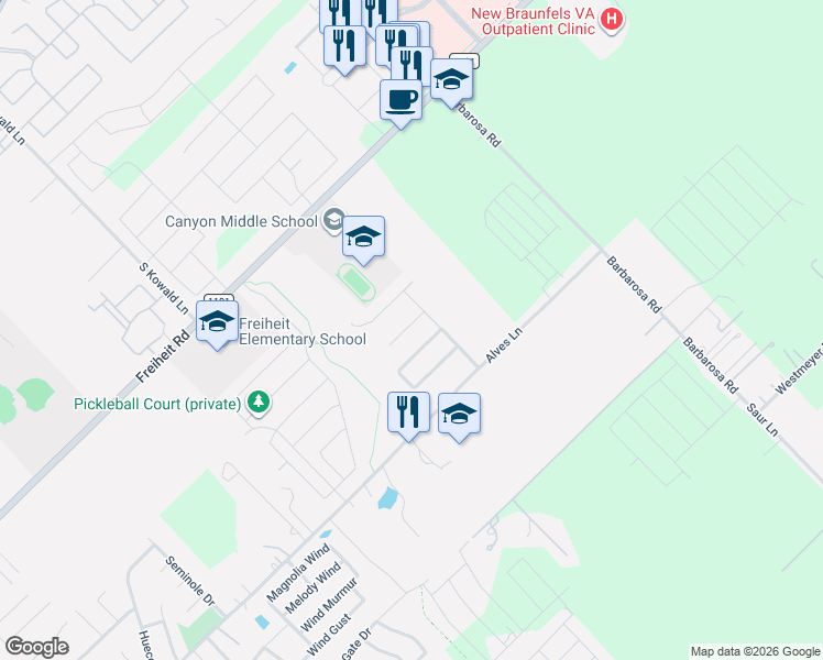 map of restaurants, bars, coffee shops, grocery stores, and more near 534 Creekside Forest in New Braunfels