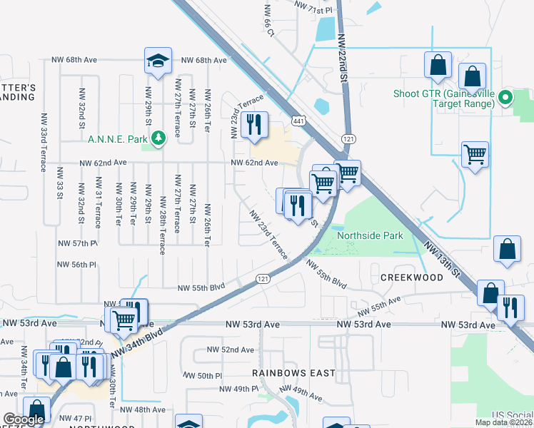 map of restaurants, bars, coffee shops, grocery stores, and more near 5921 Northwest 23rd Terrace in Gainesville