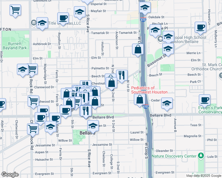 map of restaurants, bars, coffee shops, grocery stores, and more near 4903 Bissonnet Street in Bellaire