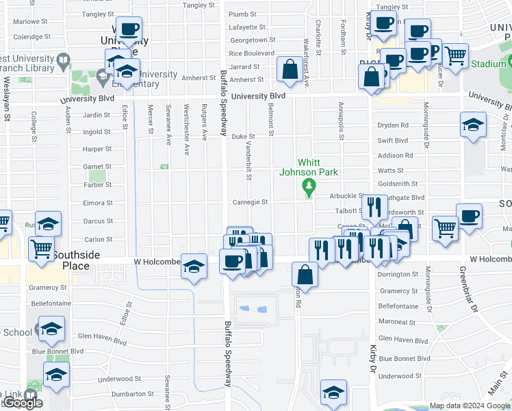 map of restaurants, bars, coffee shops, grocery stores, and more near 3029 Carnegie Street in Houston