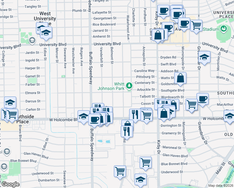 map of restaurants, bars, coffee shops, grocery stores, and more near 2921 Carnegie Street in West University Place