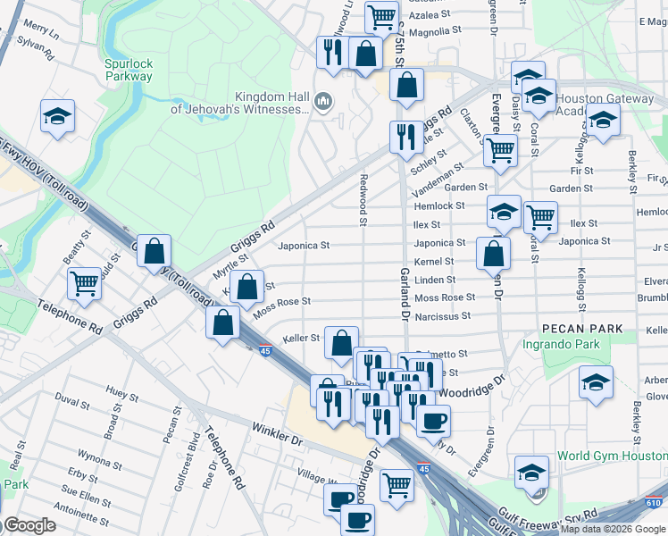 map of restaurants, bars, coffee shops, grocery stores, and more near 6802 Kernel Street in Houston