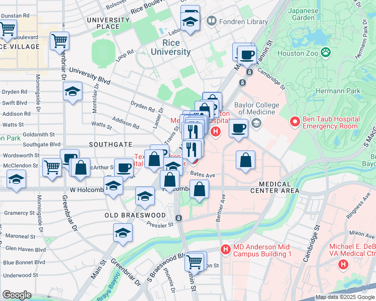 map of restaurants, bars, coffee shops, grocery stores, and more near 6519 Fannin Street in Houston