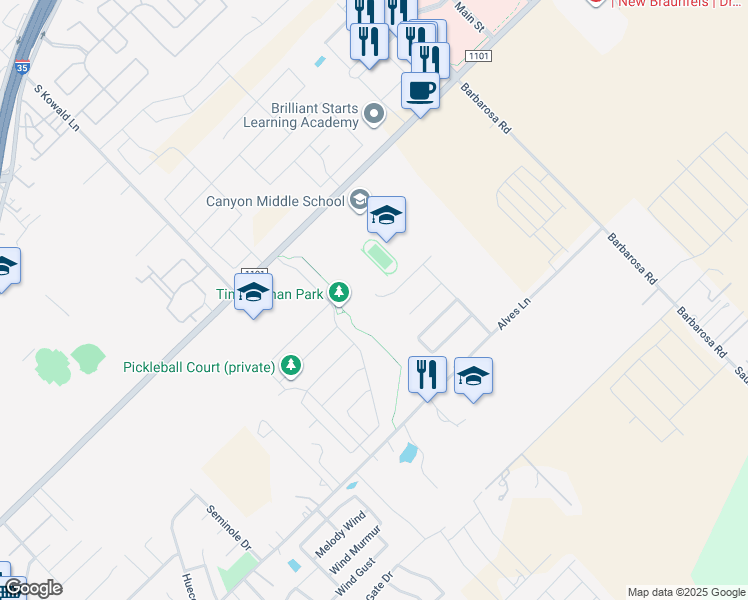 map of restaurants, bars, coffee shops, grocery stores, and more near 422 Creekside Curve in New Braunfels