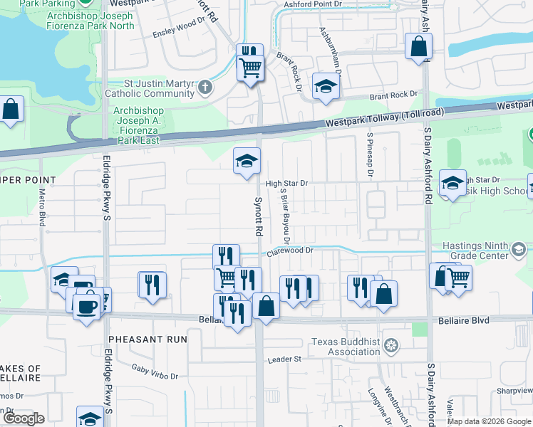 map of restaurants, bars, coffee shops, grocery stores, and more near 6418 Garden Trail Court in Houston