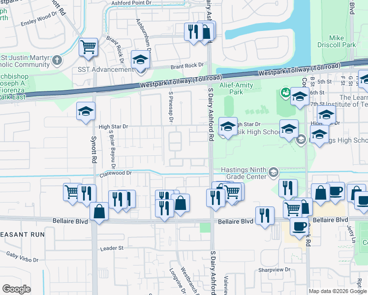 map of restaurants, bars, coffee shops, grocery stores, and more near 6415 Sunlit Orchard Drive in Houston