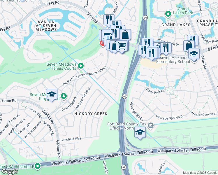 map of restaurants, bars, coffee shops, grocery stores, and more near 7034 Cornflower Lane in Katy