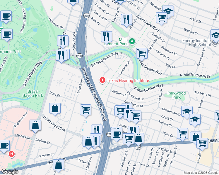 map of restaurants, bars, coffee shops, grocery stores, and more near 5906 Ardmore Street in Houston