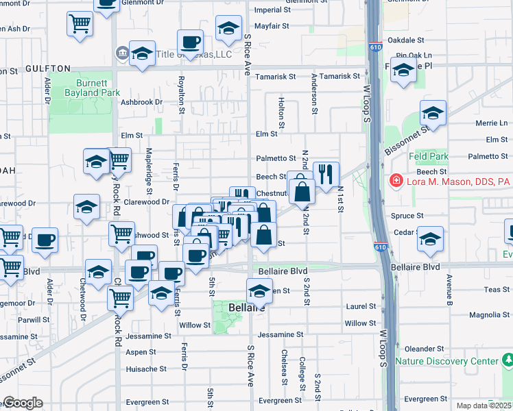map of restaurants, bars, coffee shops, grocery stores, and more near 5006 Locust Street in Bellaire