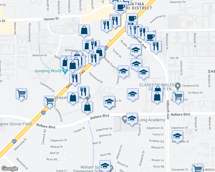 map of restaurants, bars, coffee shops, grocery stores, and more near 277 Hornwood Drive in Houston