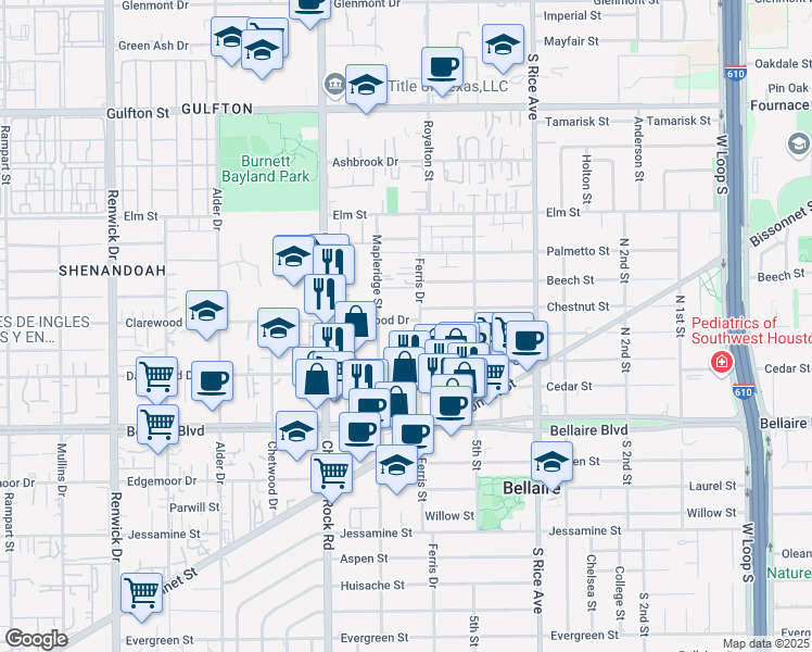 map of restaurants, bars, coffee shops, grocery stores, and more near 6638 Clarewood Drive in Houston