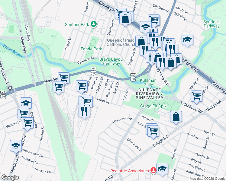 map of restaurants, bars, coffee shops, grocery stores, and more near 2910 Black Street in Houston