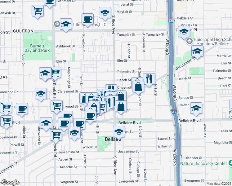 map of restaurants, bars, coffee shops, grocery stores, and more near 5006 Locust Street in Bellaire