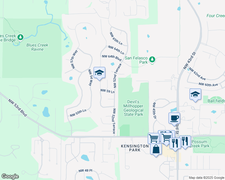 map of restaurants, bars, coffee shops, grocery stores, and more near 5126 Northwest 59 Lane in Gainesville