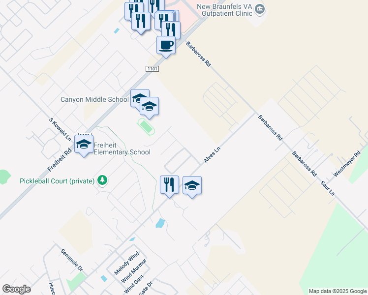 map of restaurants, bars, coffee shops, grocery stores, and more near Creekside Orchard in New Braunfels